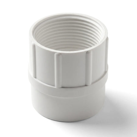 White PVC waste female BSP adapter, 1 1/4" x 40mm, shown with internal threading for plumbing connections.