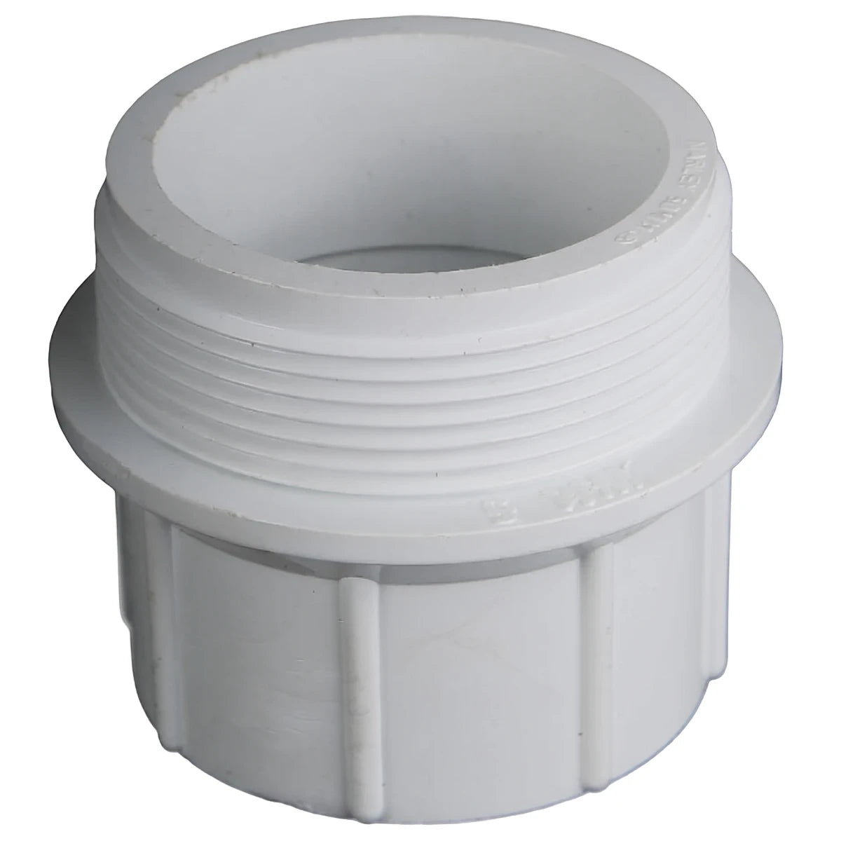 White PVC waste male BSP adapter, 2 inch by 50mm, shown from an angled elevated view.
