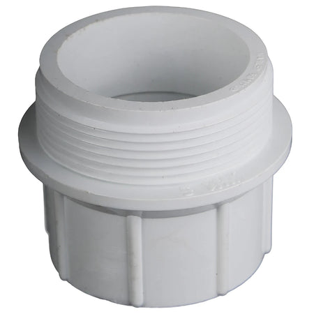 White PVC waste male BSP adapter, 2 inch by 50mm, shown from an angled elevated view.