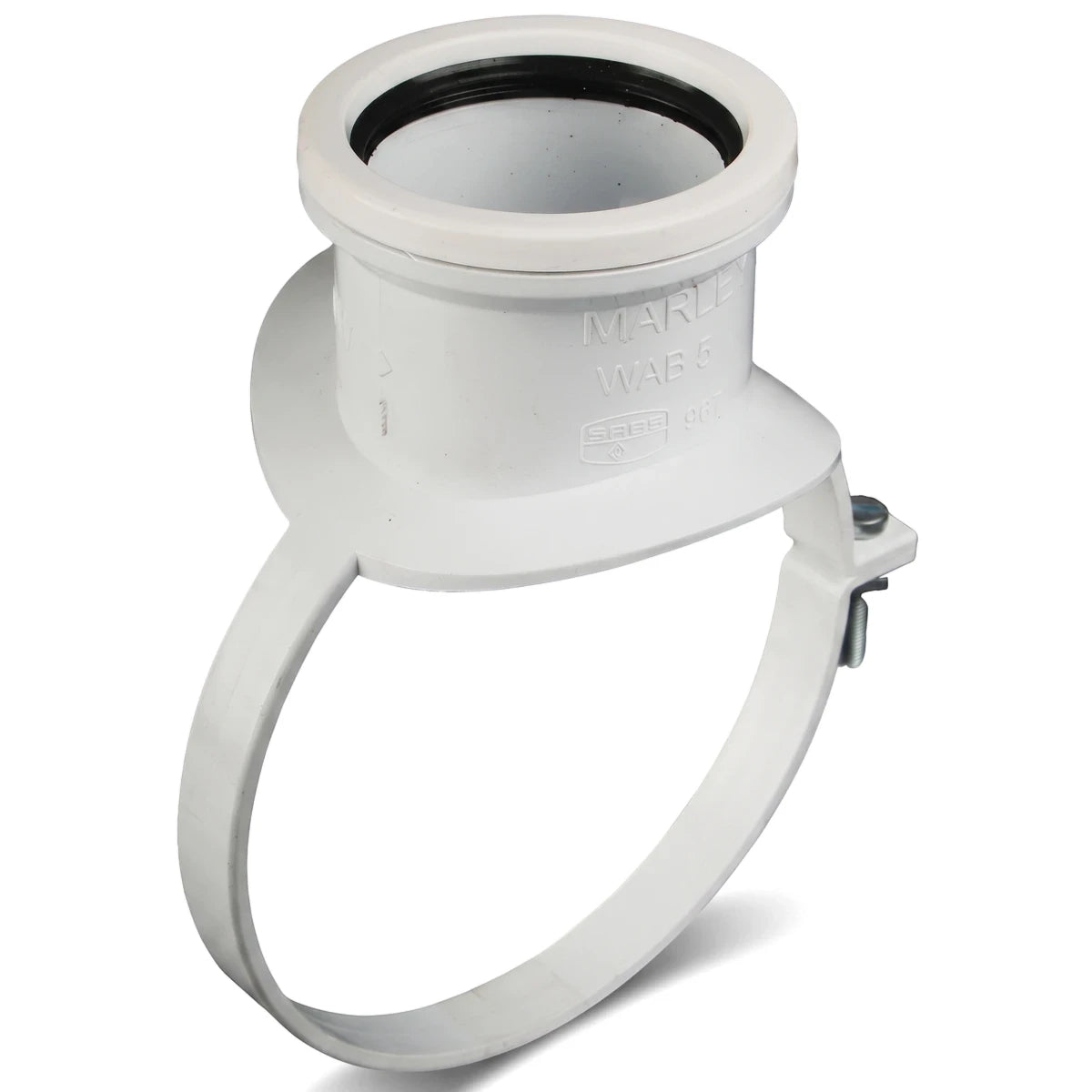 White PVC waste strap-on boss, a durable plumbing fitting with an adjustable strap, shown from a slightly elevated view.