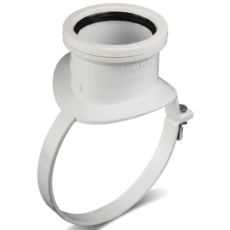 White PVC waste strap-on boss, a durable plumbing fitting with an adjustable strap, shown from a slightly elevated view.