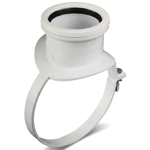 White PVC waste strap-on boss, a durable plumbing fitting with an adjustable strap, shown from a slightly elevated view.