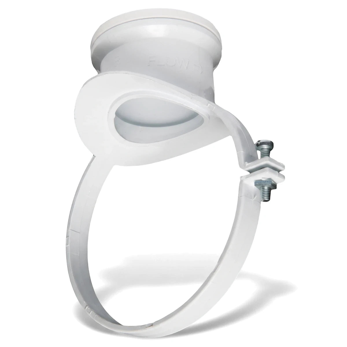 White PVC waste strap-on boss, a plumbing pipe fitting shown from a slightly angled view with 'FLOW' text.