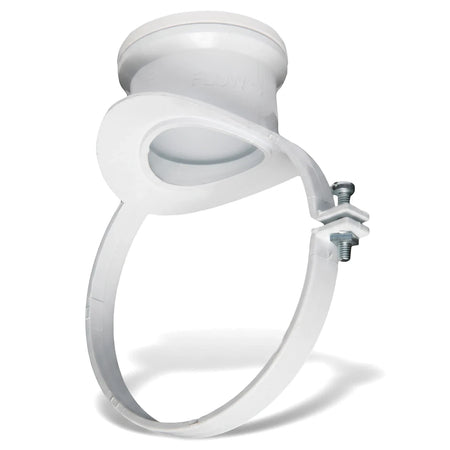 White PVC waste strap-on boss, a plumbing pipe fitting shown from a slightly angled view with 'FLOW' text.