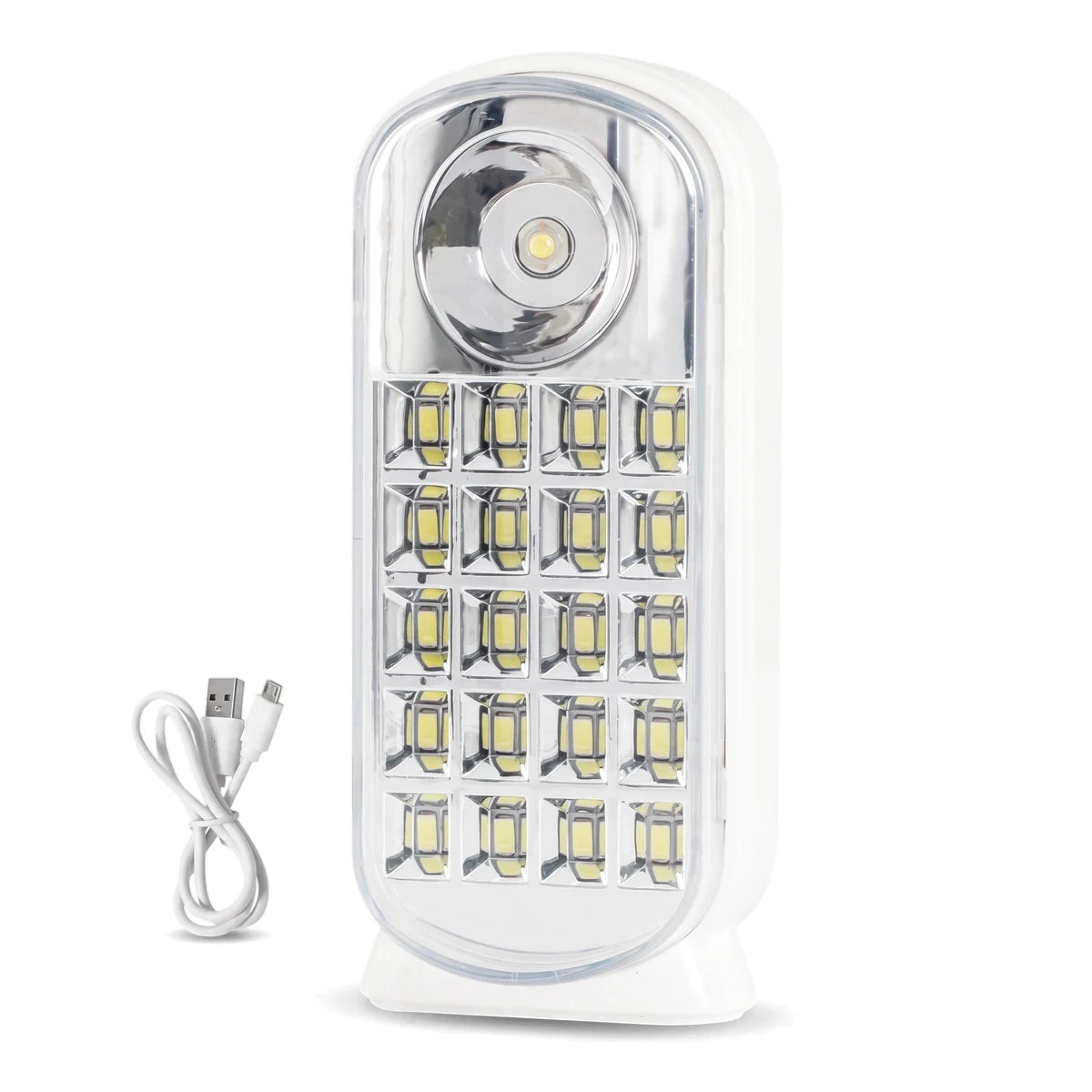 White rechargeable 5W LED bulb with 50/250 lumens, featuring a rectangular design and including a coiled USB charging cable