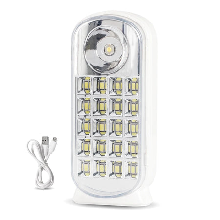 White rechargeable 5W LED bulb with 50/250 lumens, featuring a rectangular design and including a coiled USB charging cable