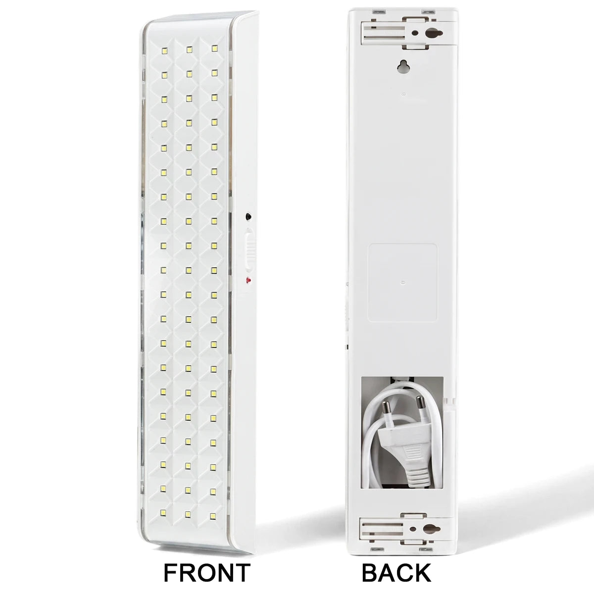 White rechargeable 6W LED bulb, displaying its front with an LED array and a side switch, and its back with a power cord.