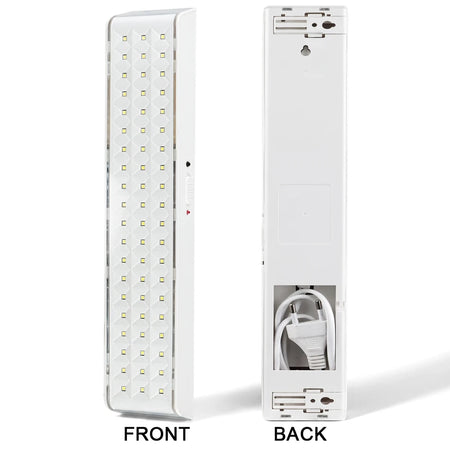 White rechargeable 6W LED bulb, displaying its front with an LED array and a side switch, and its back with a power cord.