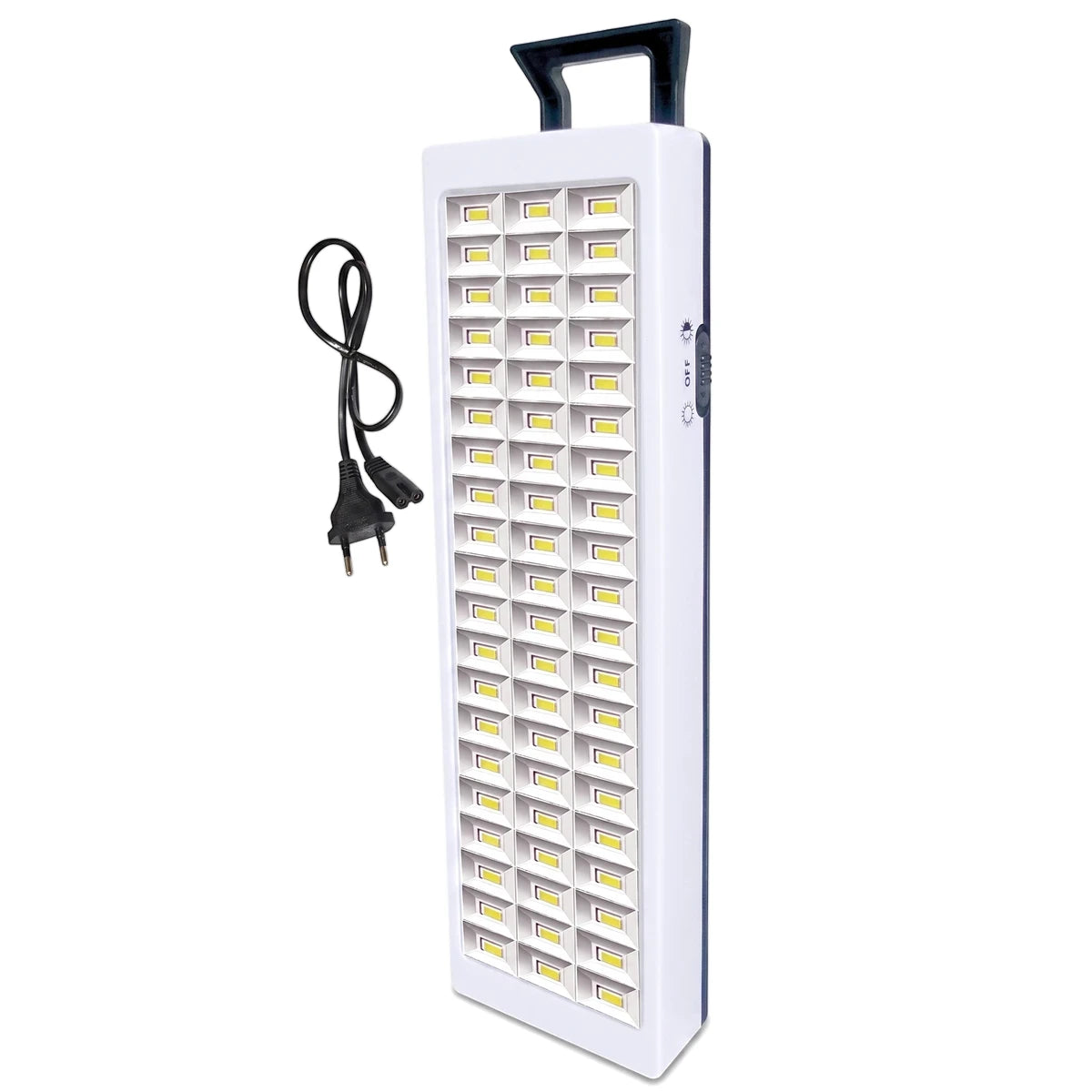 White rechargeable LED bulb Type 906 with multiple luminous panels, a black carrying handle, and a detachable power cord.