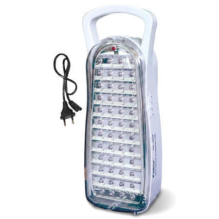 White rechargeable LED emergency lantern with a clear front panel displaying multiple LED bulbs and a black power cord,