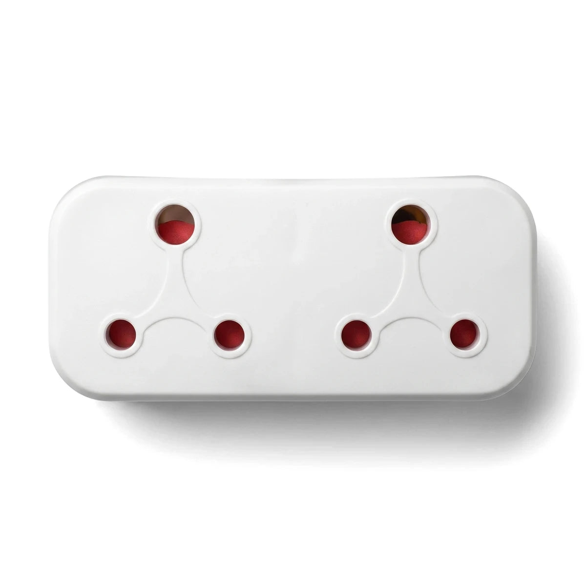 White rectangular 2-Way 16 Amp Plug Adapter with two sets of three-pin sockets for electrical use, viewed from above.