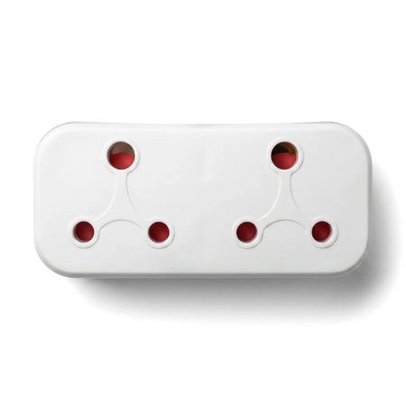 White rectangular 2-Way 16 Amp Plug Adapter with two sets of three-pin sockets for electrical use, viewed from above.