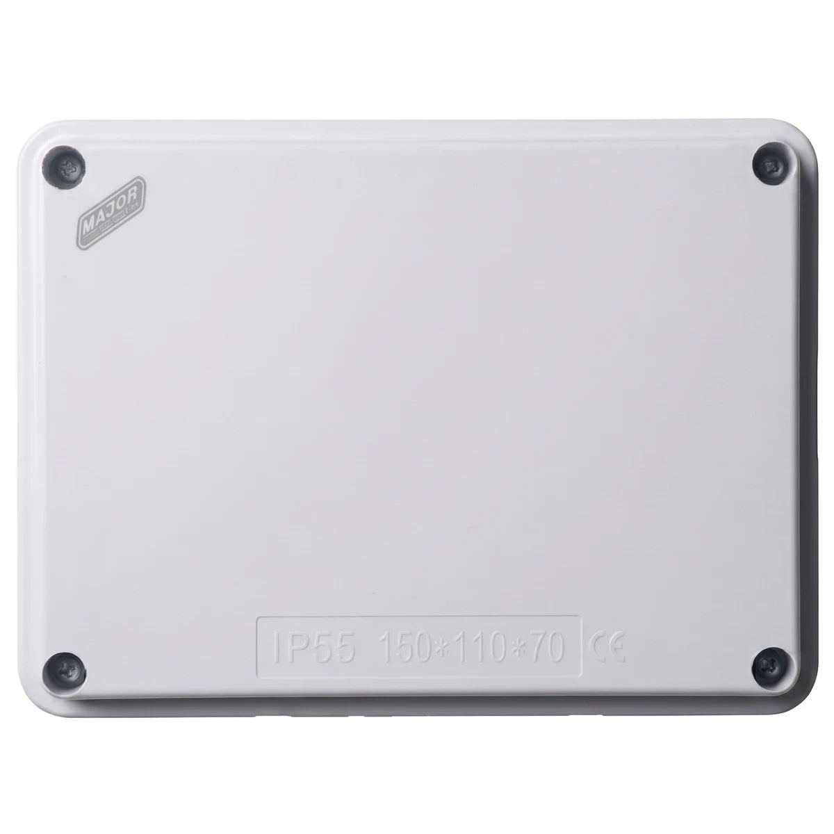 White rectangular 200x100x70 knock out IP55 junction box with visible screws and MAJOR branding, top-down view.