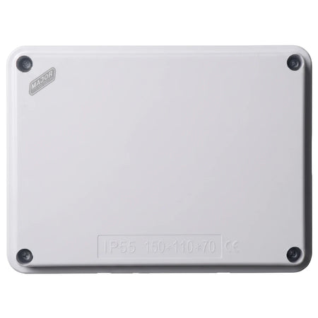 White rectangular 200x100x70 knock out IP55 junction box with visible screws and MAJOR branding, top-down view.