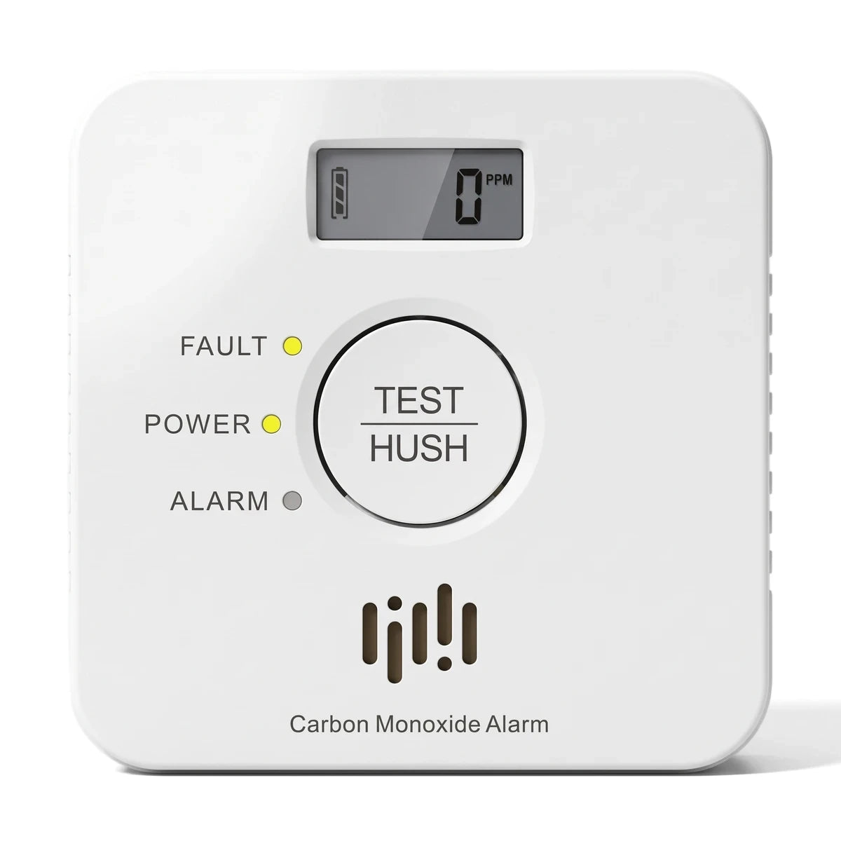 White rectangular 5-year battery life water alarm with digital display and test button.
