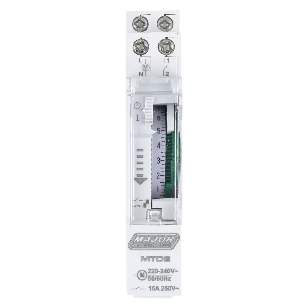 White rectangular Major Tech MTD4 analogue modular timer switch, 16A 230V, with a clear cover and terminal screws.