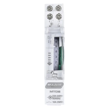 White rectangular Major Tech MTD4 analogue modular timer switch, 16A 230V, with a clear cover and terminal screws.