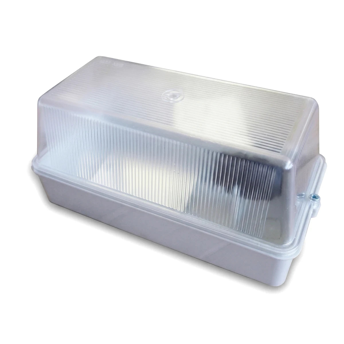 White rectangular Mr E Bulkhead light fixture with a clear ribbed plastic cover, shown from an elevated angle.