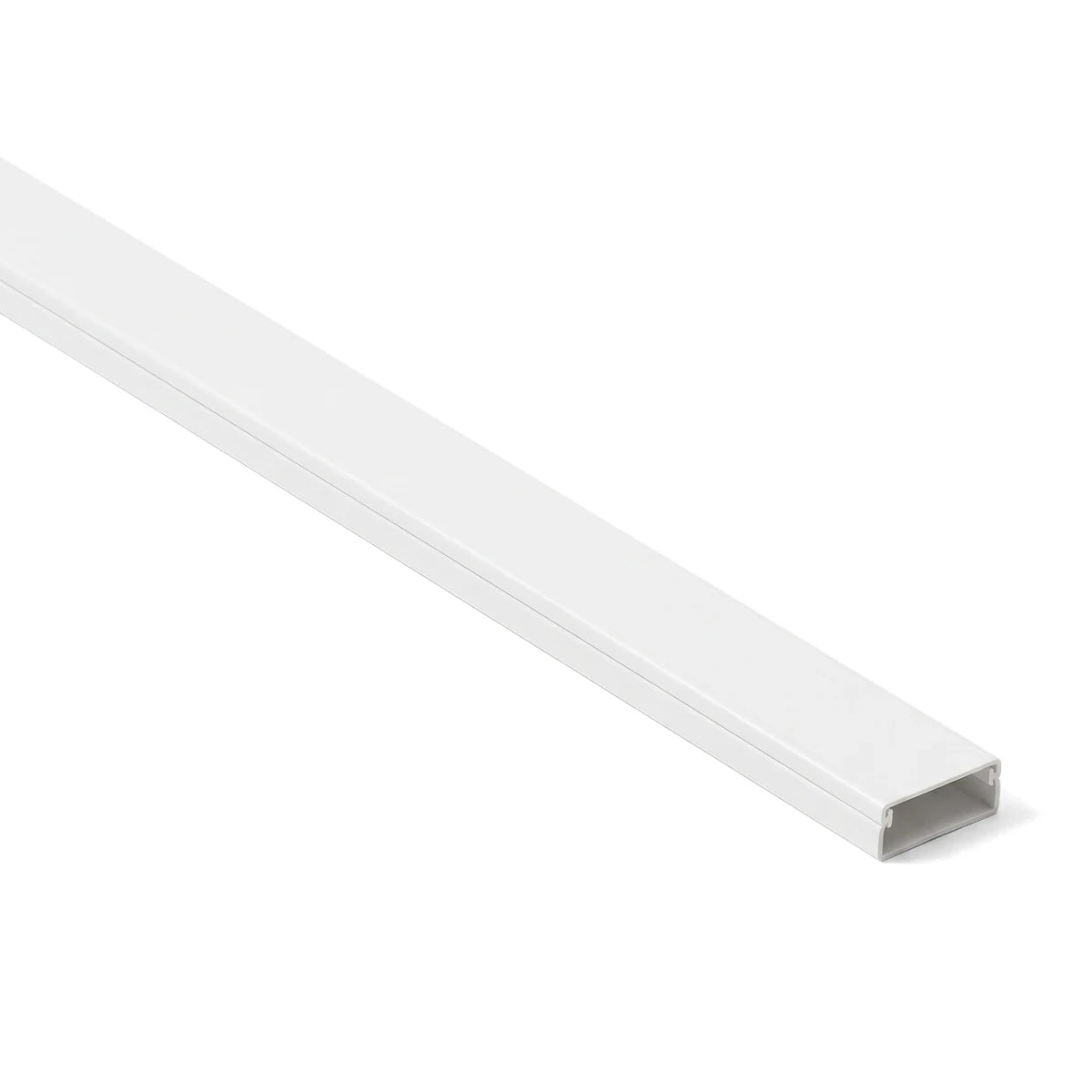 White rectangular PVC cable trunking, 16x40x3m, shown at an angle. For organizing and concealing electrical wires.