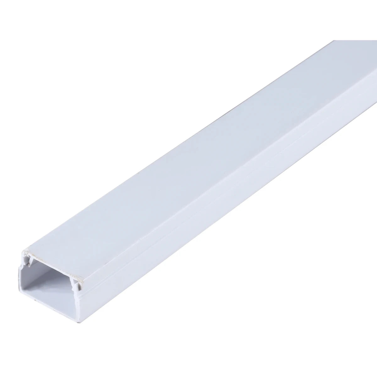 White rectangular PVC electrical trunking for cable management, angled with its open end visible, on a clean background.
