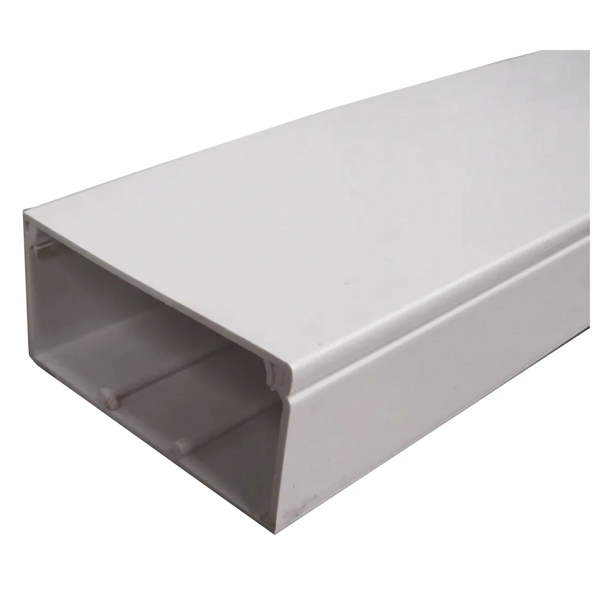 White rectangular PVC electrical trunking with an open channel, measuring 75x50x3M, shown from an angled perspective.