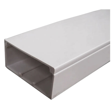 White rectangular PVC electrical trunking with an open channel, measuring 75x50x3M, shown from an angled perspective.