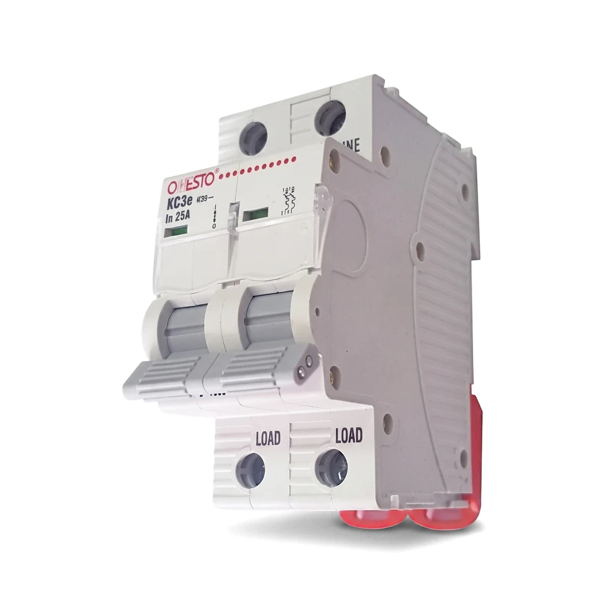 White and red OESTO KC3e In 25A double pole DIN rail circuit breaker viewed from an angle.