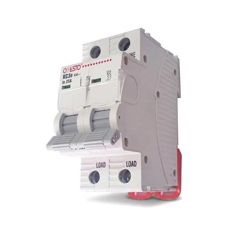 White and red OESTO KC3e In 25A double pole DIN rail circuit breaker viewed from an angle.
