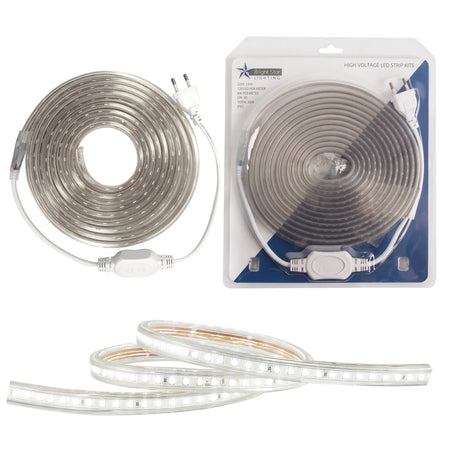 White RGB SMD LED strip light, 13mm x 8mm, shown coiled, both in and out of packaging, alongside an uncoiled, illuminated