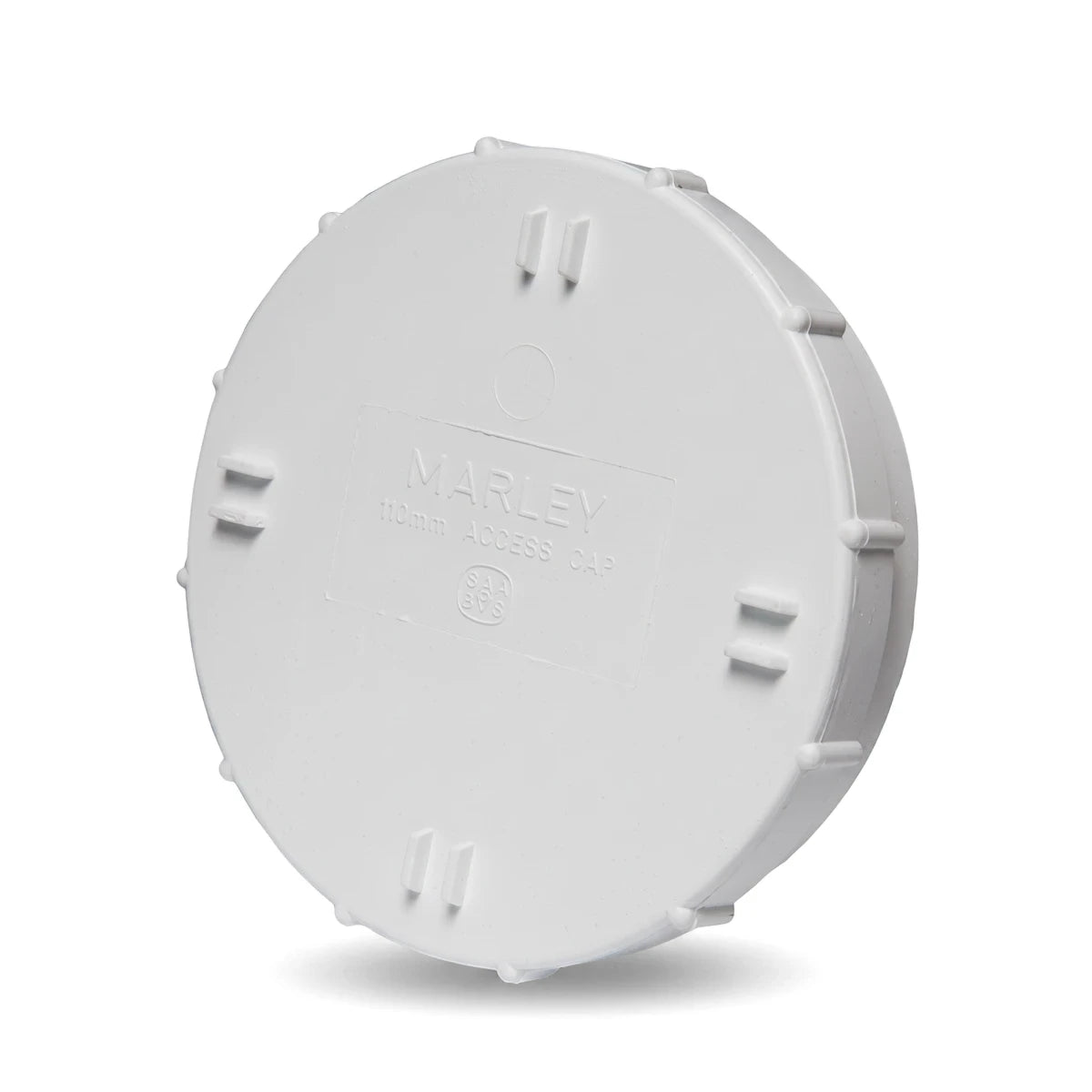 White round 110mm PVC soil and vent access cap, featuring embossed 'MARLEY' branding and 'SAA BVS' certification.