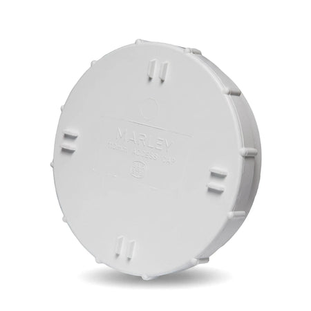 White round 110mm PVC soil and vent access cap, featuring embossed 'MARLEY' branding and 'SAA BVS' certification.