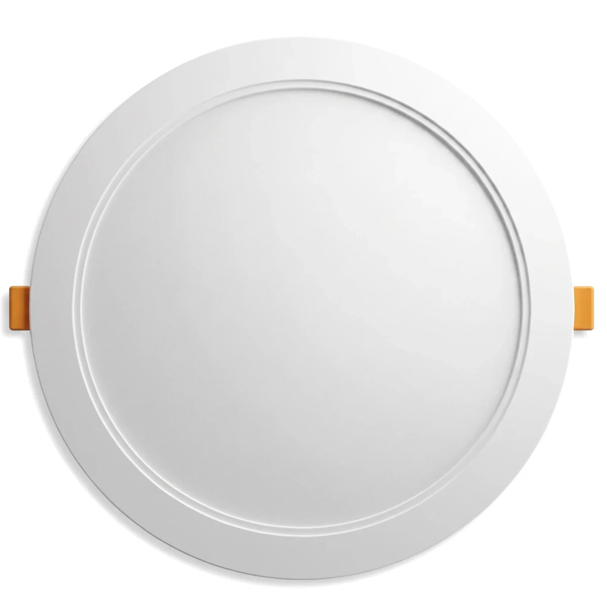 White round LED panel light with CCT color changing switch, featuring orange mounting clips on a plain background.