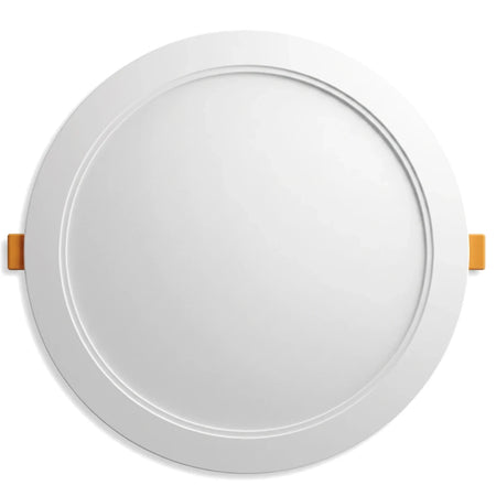 White round LED panel light with CCT color changing switch, featuring orange mounting clips on a plain background.