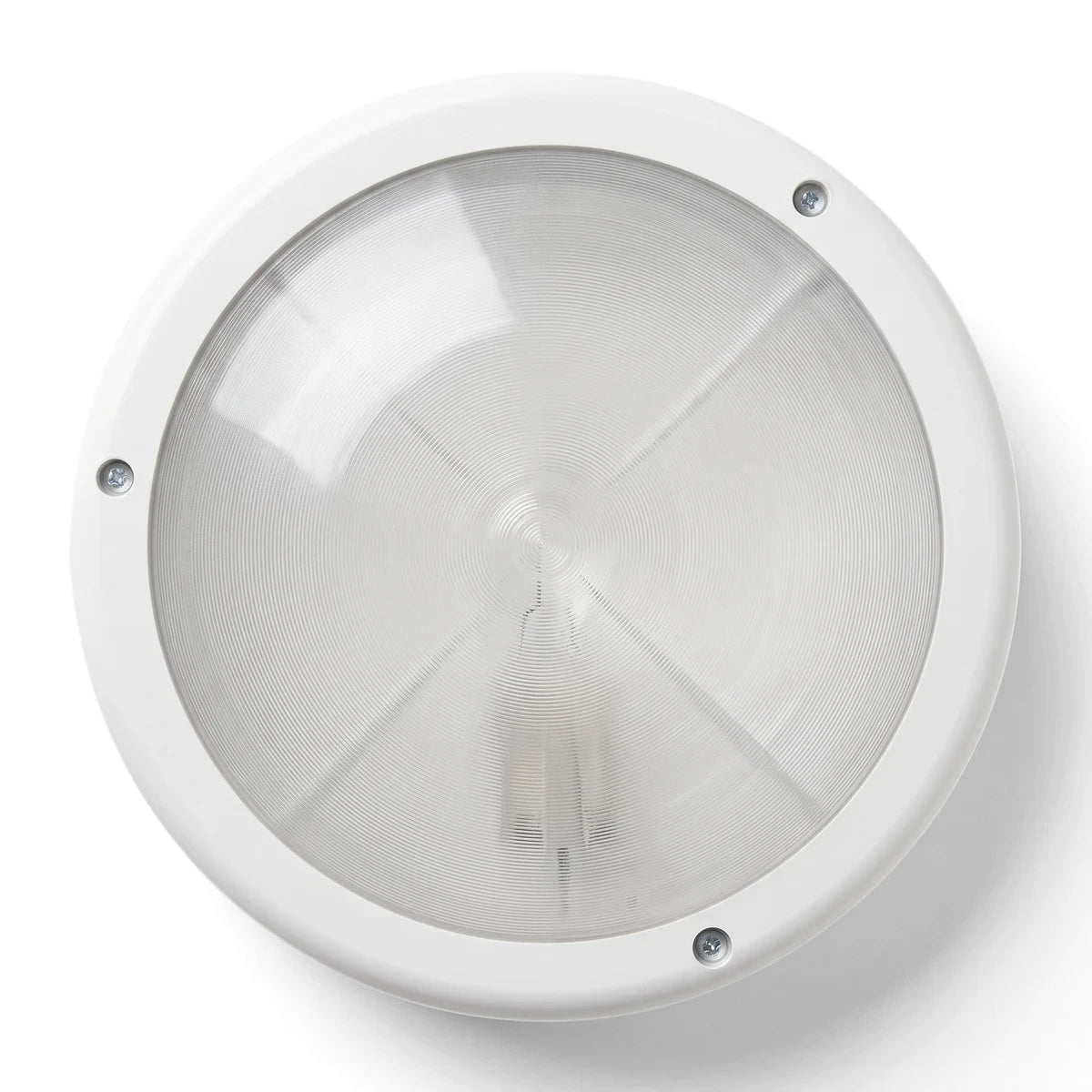 A white round Mr E Bulkhead Light, featuring a translucent, ribbed dome cover secured by four screws, on a white background.