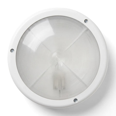 A white round Mr E Bulkhead Light, featuring a translucent, ribbed dome cover secured by four screws, on a white background.