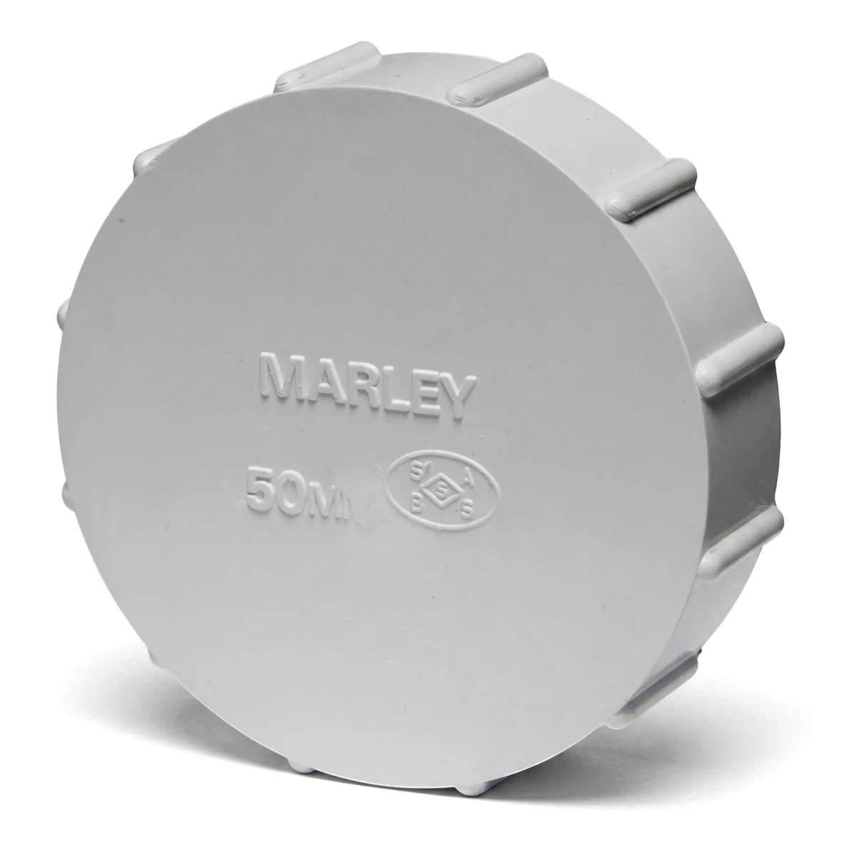 A white round PVC waste stopend with 'MARLEY 50m' engraved on its surface, angled slightly to the side.