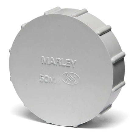 A white round PVC waste stopend with 'MARLEY 50m' engraved on its surface, angled slightly to the side.