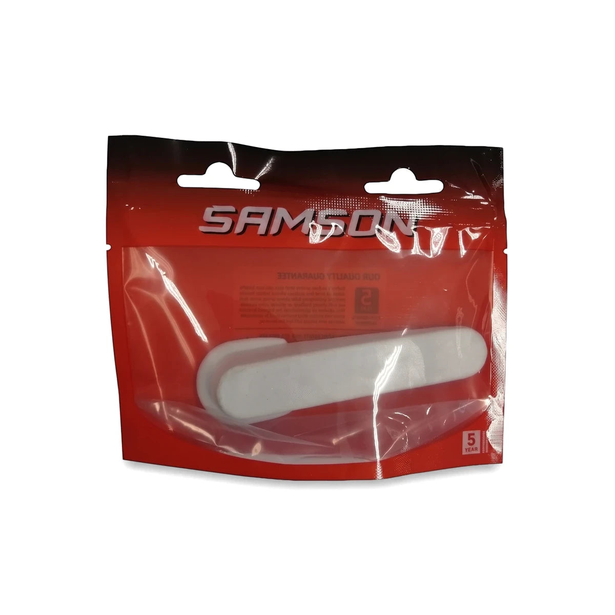 White rubber wedge door stopper in clear Samson branded packaging, designed for preventing doors from closing.