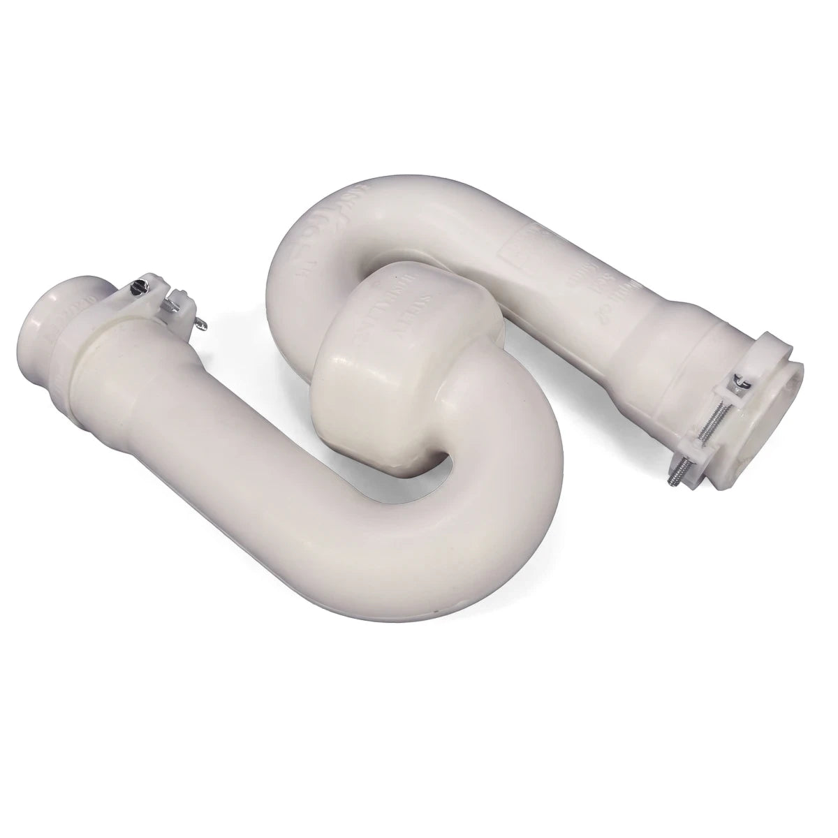 White S-trap plumbing fixture for 32mm waste and 40mm pipe, made of plastic with reseal and screw clamps.
