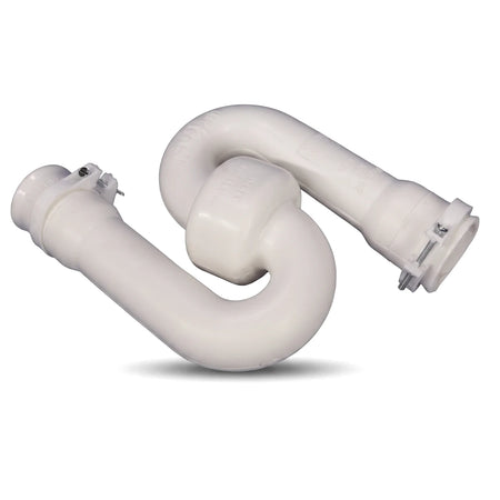 White S-trap with reseal, featuring 32mm waste and 50mm pipe dimensions, made of plastic, presented against a white