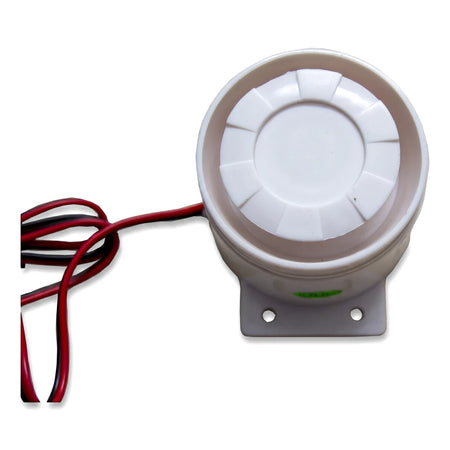 White SC-10 small security alarm buzzer with attached red and black wires, shown from a slightly elevated front view.