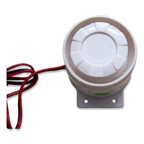 White SC-10 small security alarm buzzer with attached red and black wires, shown from a slightly elevated front view.