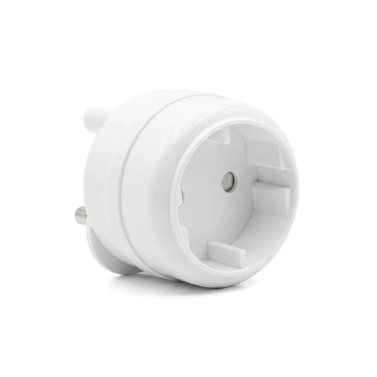 White Schuko plug adapter for electrical outlets, featuring two round pins and a socket with a grounding contact, viewed at