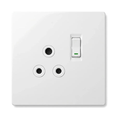 White single 16A switch socket, 100x100mm, with three circular outlets and a rocker switch.