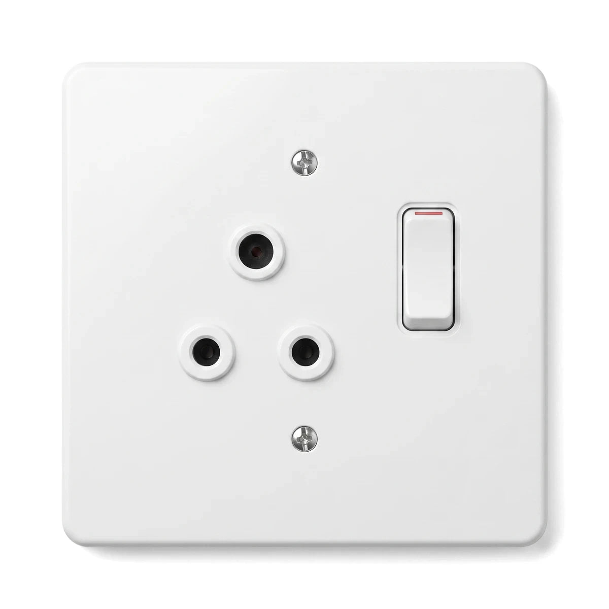 White single electrical switch socket with three round pin holes and a rectangular switch lever for power control.