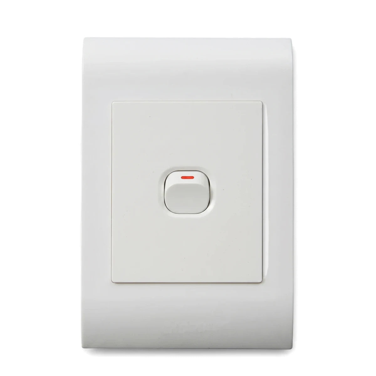 White 1 lever light switch with a single button and red indicator light, designed for wall mounting.