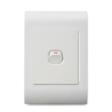 White 1 lever light switch with a single button and red indicator light, designed for wall mounting.