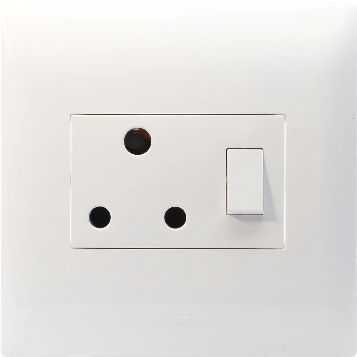 White single old RSA electrical socket with a switch, wall-mounted, featuring three round pinholes.
