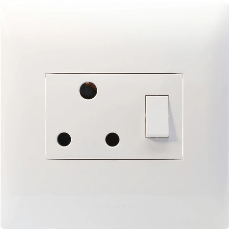 White single old RSA electrical socket with a switch, wall-mounted, featuring three round pinholes.
