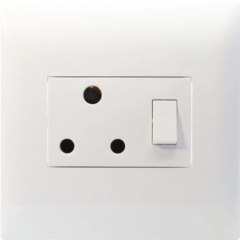 White single old RSA electrical socket with a switch, wall-mounted, featuring three round pinholes.